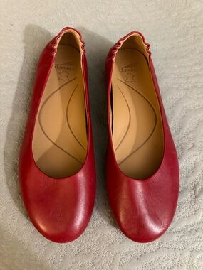 Dansko Red Leather Ballet Flats with Ruffled Heel